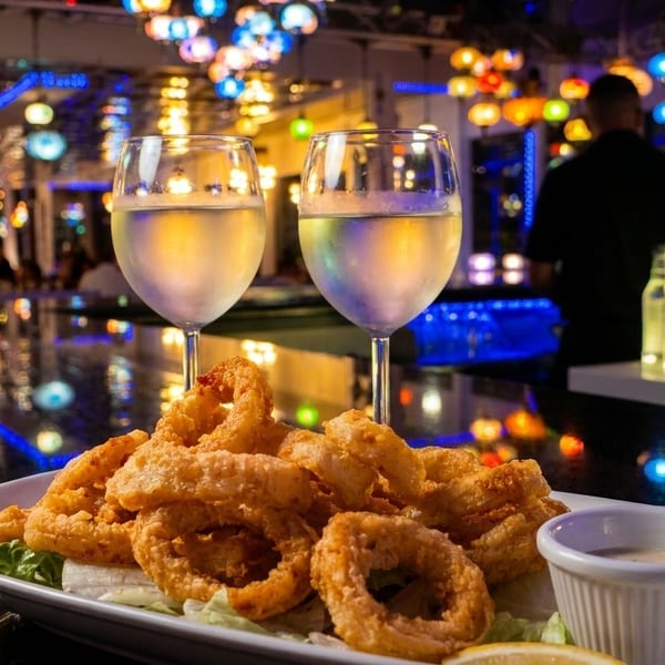 Fried calamari and two glasses of white wine on a bar with colorful lights.
