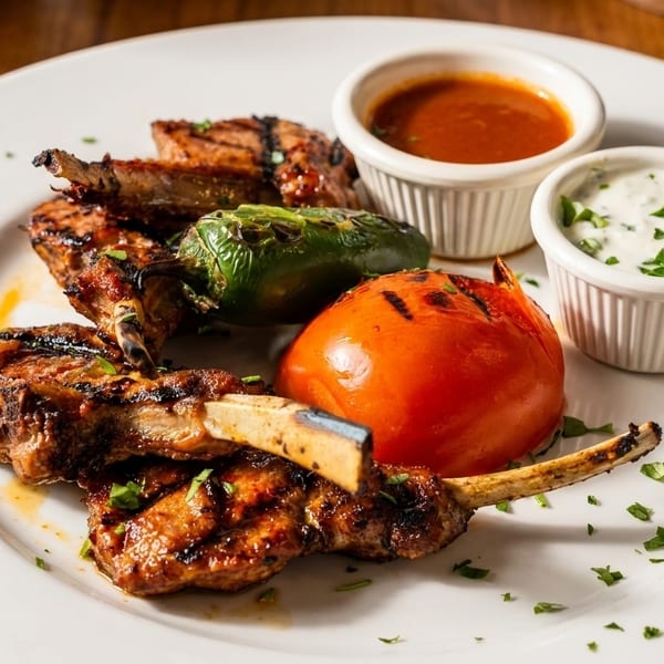Grilled lamb chops with roasted tomato, jalapeño, and two dipping sauces on a white plate.