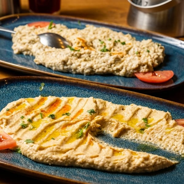 Two blue plates of hummus and baba ghanoush, garnished with tomato slices and olive oil.