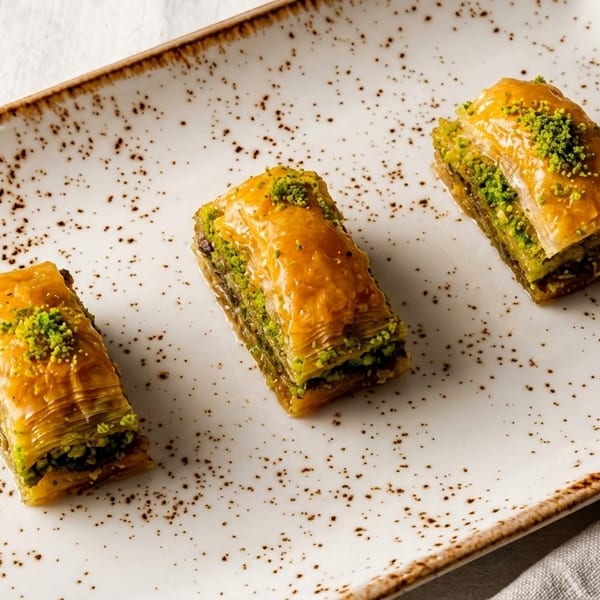 Three pieces of baklava with chopped pistachios on a speckled rectangular white plate.