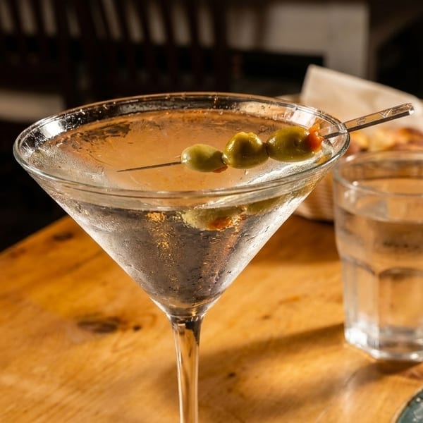 A martini with three olives on a skewer, next to a glass of water on a wooden table.