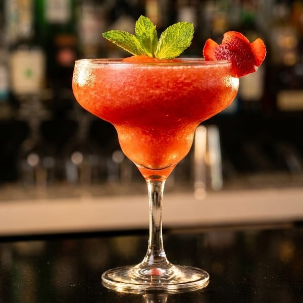 A vibrant red strawberry daiquiri in a margarita glass, garnished with mint and a strawberry slice.