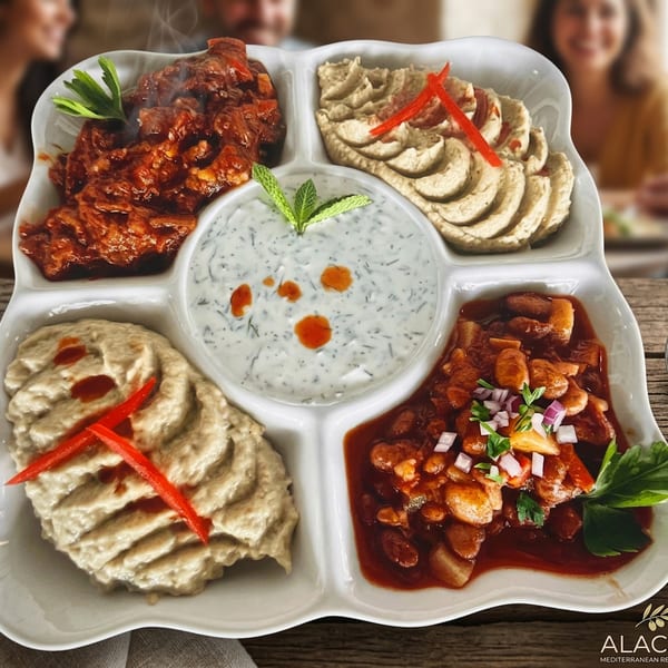 Mediterranean appetizer platter with fresh dips and vegetables